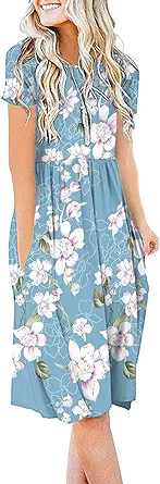 DB MOON Women Casual Short Sleeve Dresses Empire Waist Knee Length Dress with Pockets