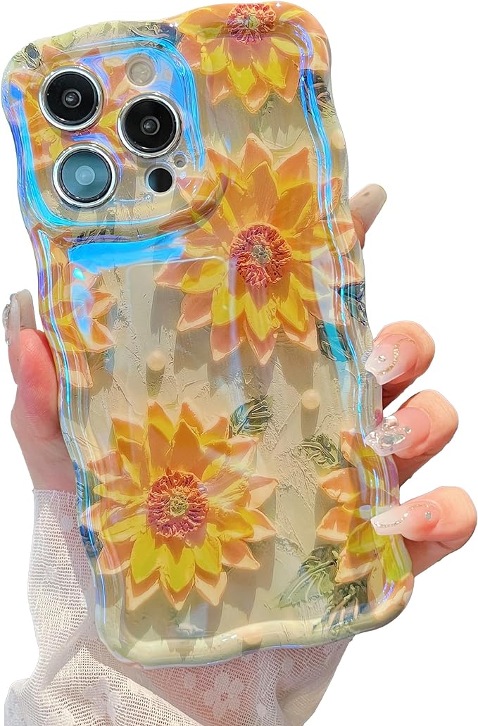 XIZYO Case for iPhone 14 Pro Max, Colorful Retro Oil Painting Flower Cute Floral Aesthetic Curly Wave Frame Laser Glossy Reflective Exquisite Stylish Protective Cover Women Girls-Sunflower/Green Visit