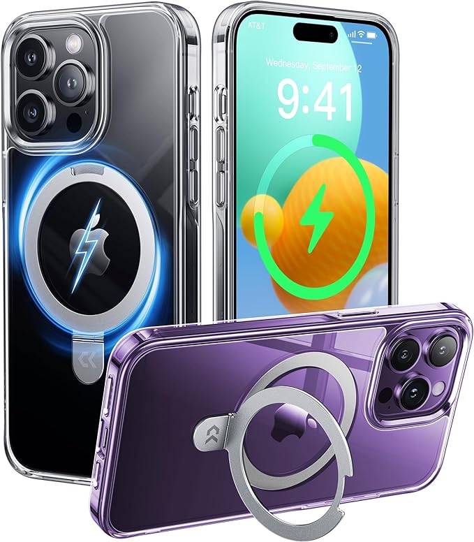 CASEKOO for iPhone 14 Pro Case Clear with Invisible Magnetic Stand, Compatible with MagSafe, Non-Yellowing, Military Drop Protection, Slim Ring Holder for Women Men 14 Pro Case, Clear