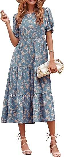 Pretty Garden Womens Summer Casual Boho Dress Floral Print Ruffle Puff Sleeve High Waist Midi