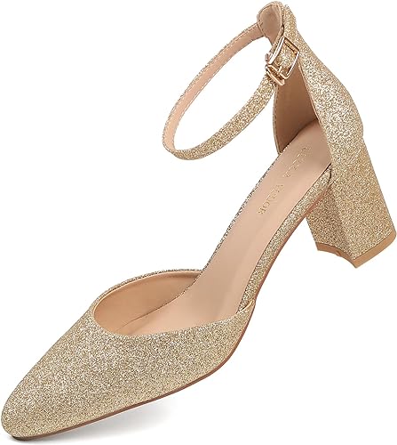 Women's Closed Toe Heels Pointed Low Heeled Chunky Shoes Nude Strap Dress Wedding High Heels