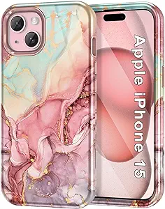 Btscase for iPhone 15 Case 6.1 inch (2023), Marble Pattern 3 in 1 Heavy Duty Shockproof Full Body Hard PC+Soft Silicone Drop Protective Women Girls Cover for iPhone 15, Rose Gold