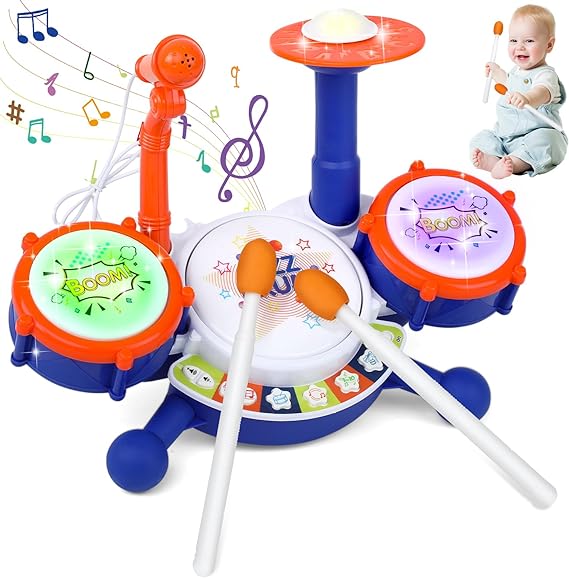Kids Drum Set for Toddlers, Educational Microphone Instruments Toys with Music, Beats Flash Light and 2 Drum Sticks Toy for Toddler Boys Toys(Blue)
