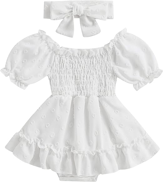 Infant Baby Girls Romper Dress Dot Pattern Short Sleeve Ruched Jumpsuits Skirts Hem Bodysuits Headband