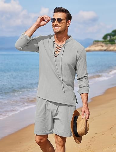 COOFANDY Men's 2 Pieces Cotton Linen Set Summer Beach Outfit Henley Yoga Lace Up Long Sleeve Shirt and Short