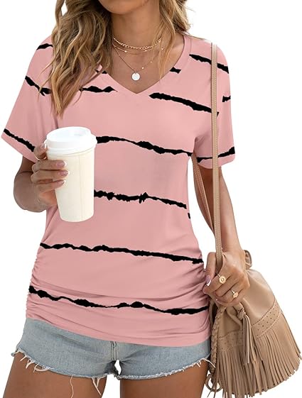 Anydoll Womens 2024 Summer Tunic Tops Casual Short Sleeve V Neck Tshirts with Side Shirring Ruched Blouse