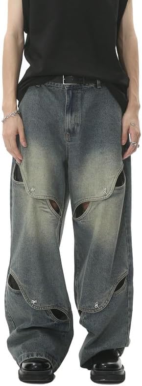 Baggy Jeans for Men Ripped Jeans Hollow Out Pants Vintage Aesthetic Streetwear Fashion Y2k Clothing Grunge.
