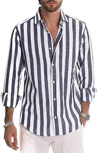 Mens Linen Button-Down Shirts Casual Striped Long Sleeve Summer Beach Shirt