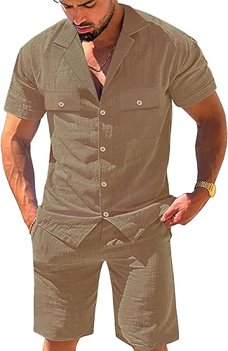 Mens Linen Outfits Track Suits 2 Piece Set Casual Hawaiian Beach Button Up Shirt and Shorts Suit