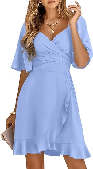 Dokotoo Women's Wrap V Neck Short Flared Sleeve Wedding Guest Dress Smocked Elastic Waist Tiered Belted Ruffle Hem Mini Dress