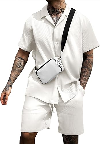 URRU Men's Shirt and Shorts Set Short Sleeve Casual Button Down 2 Piece Summer Outfits