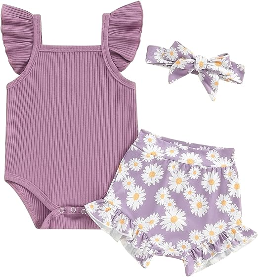 AEEMCEM Newborn Baby Girl Clothes Fly Sleeve Ribbed Romper Daisy Ruffle Shorts Headband Set 3Pcs Infant Girl Summer Outfits