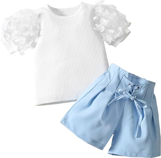 Fernvia Toddler Baby Girl Outfits Puff Sleeve Crewneck T-shirt Tops with Tie-up Shorts Summer 2Pcs Clothes Set