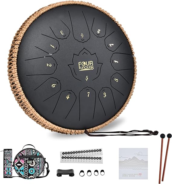 FOUR UNCLES Steel Tongue Drum 12 Inch 13 Notes Hand Pan Drums with Travel Bag Sticks Music Book Mallets, C Major Musical Instruments for Entertainment Meditation Yoga Zen Gifts (Obsidian)