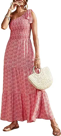 retty Garden Womens 2024 Floral Knot One Shoulder Sleeveless Ruffle Hem Flowy Boho Dresses