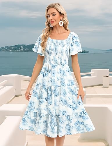 Bbonlinedress Womens Casual Floral Summer Smocked Beach Party Boho Midi Square Neck Dress