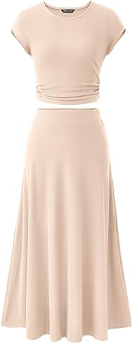 Pretty Garden Womens 2 Piece Casual Knit Short Sleeve Crop Top High Waist Midi Skirt Set