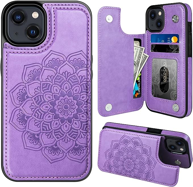 MMHUO for iPhone 14 Case with Card Holder, Flower Magnetic Back Flip Case for iPhone 14 Wallet Case for Women, Protective Case Phone Case for iPhone 14,Purple
