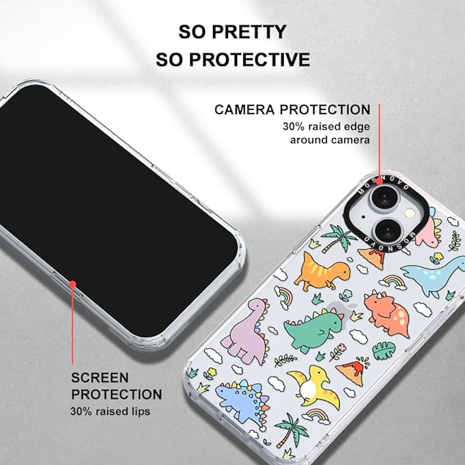 MOSNOVO Compatible with iPhone 15 Case, [Buffertech 6.6 ft Drop Impact] [Anti Peel Off Tech] Clear TPU Bumper Shockproof Phone Case Cover with Cute Joyful Dinosaur Designed for iPhone 15 6.1"