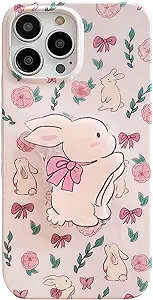 Pink Floral Bunny Phone Case for iPhone 11, Cute Korea 3D Rabbit Flower Cartoon Case with Rabbit Hold Stand for Women Girls