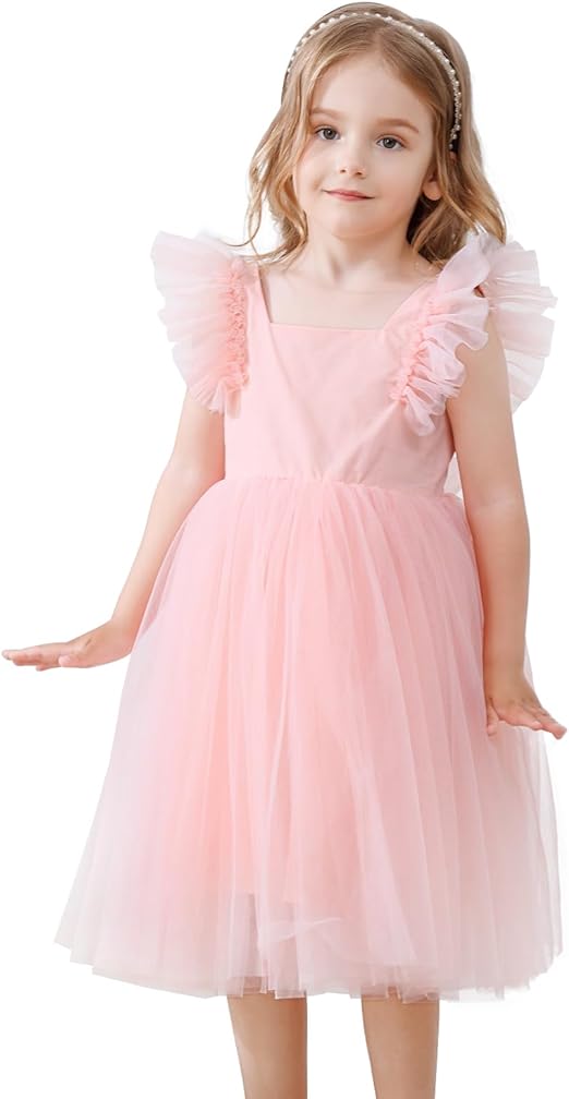 Toddler Girls Pink Tutu Dress Princess Birthday Party Dress Ruffled Sleeve Tulle A-Line Flower Dress 18M-7Y