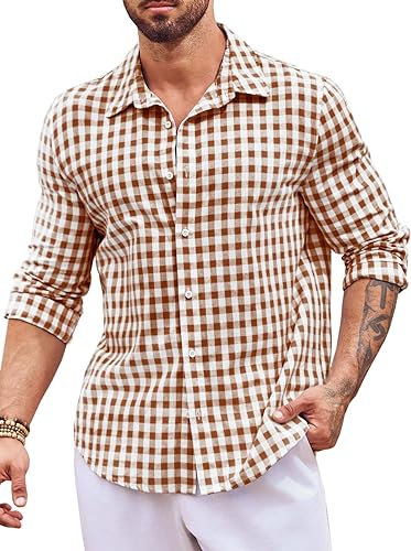 Runcati Mens Button Down Shirts Plaid Long Sleeve Cotton Collared Casual Summer Beach Shirt