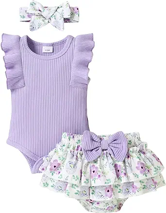 Tiny Cutey Baby Girl Clothes Infant Summer Outfits Set Ruffle Sleeve Romper and Floral Shorts with Headband