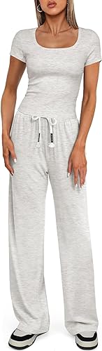 Darong Women's Two Piece Outfit Short Sleeve Scoop Neck T Shirts with Wide Leg Pants Active Tracksuit Lounge Set