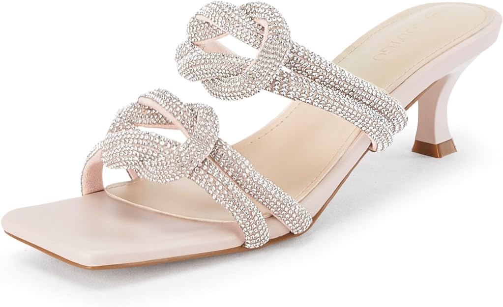 Coutgo Womens Kitten Heel Sandals Mules Rhinestone Slip on Low Heels Open Square Toe Dressy Summer Wedding Party Shoes