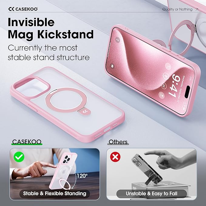 CASEKOO Genuine Official Magnetic Ring Stand for iPhone 15 Pro Case [Military Drop Protection] [Compatible with MagSafe] Matte Translucent Slim iPhone 15 Pro Phone Case 6.1'' 2023,Pink