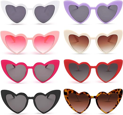 SUNOVELTIES 8 Pack Heart Shaped Sunglasses Womens Retro Cat Eye Heart Glasses Bachelorette Party Favors Bulk Classic Eyewear