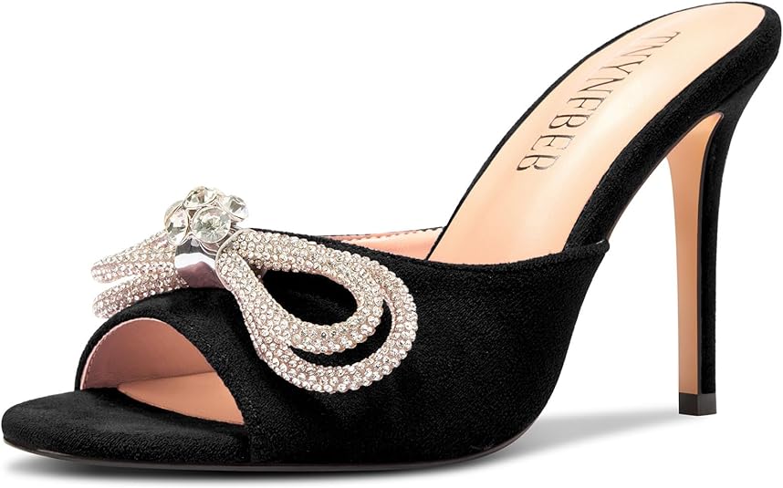 Womens Stiletto High Heel Peep Open Toe Sandals Mules Shoes Slingback Slip-on Rhinestone Crystal Bow-knot Prom Dress 3.9 Inches Heels