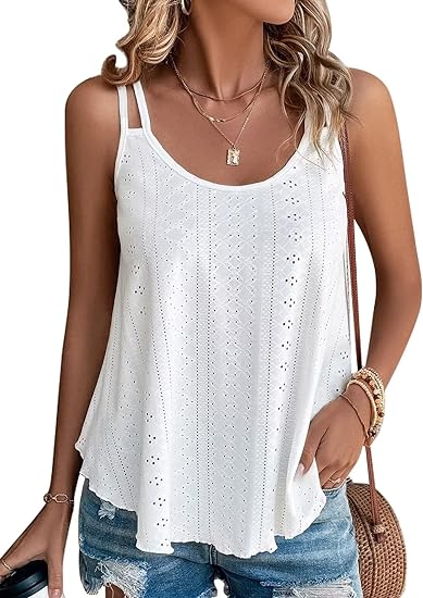 KKJ Womens Fashion Tank Tops Eyelet Embroidery Sleeveless Camisole Scoop Neck Loose Casual 2024 Summer Clothes Flowy Shirts