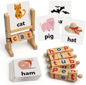 Wooden Reading Blocks Short Vowel Rods Spelling Games, Flash Cards Turning Rotating Letter Puzzle for Kids, Site Words Montessori Spinning Alphabet Learning Toy for Preschool Boys Girls