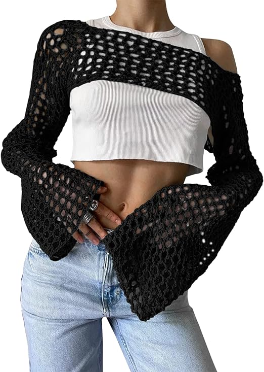CAMNOW Womens Crochet Crop Tops Y2k Knit Shrug Sweater Hollow Out Long Sleeve Bikini See Through Cover Ups