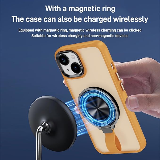 for iPhone 14 Magnetic Ring Case [Compatible with MagSafe Charging] 360° Rotatable Grip Holder Kickstand Slim fit Non-Slip Shockproof Phone Case for iPhone 14 6.1'' (2022), Orange