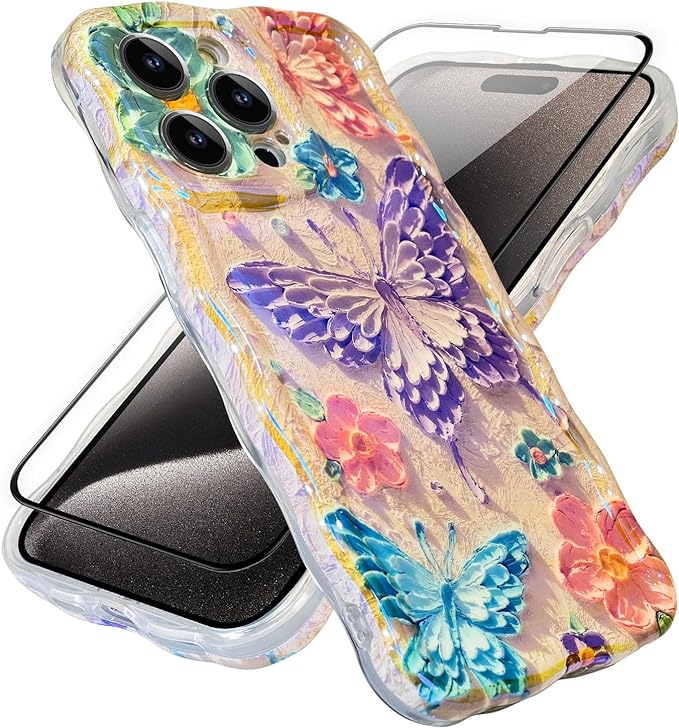 for iPhone 15 Pro Max Case Slim Full Body Protection Cute Curly Wavy Frame Camera Case, Colorful Butterfly Pattern Durable Soft Shockproof Case with [1X Screen Protectors]-Yellow