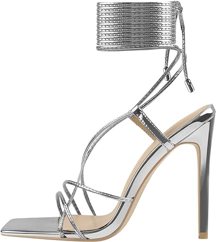 richealnini Women's Lace Up Square Toe Stilettos High Heel Sandals Ankle Wrap Strappy Heel Wedding Dress
