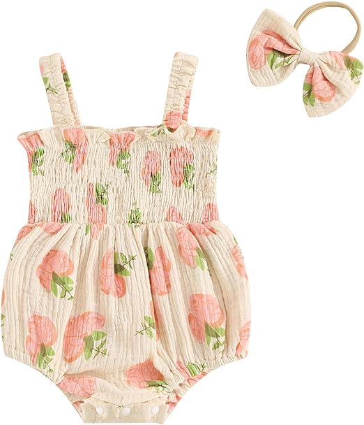 Infant Baby Girl Linen Romper Smocked Bubble Bodysuit Frill Trim Ruffle One-Piece Jumpsuit Casual Cute Summer Clothes