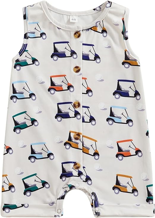 Unisex Baby Boy Girl Golf Outfit Golf Cart Print Sleeveless Romper Jumpsuit Overalls Infant Boys Girls Summer Outfit