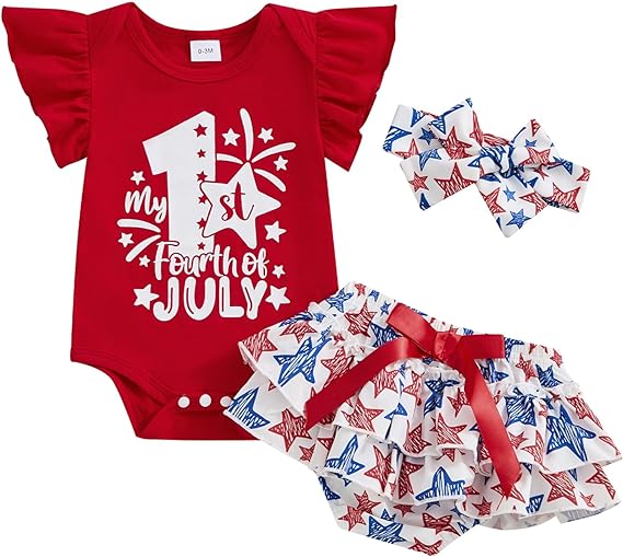 Newborn Girl Summer Clothes Short Sleeve My 1st 4th Of July Print Romper Ruffle Star Shorts Kids Patriotic Outfit