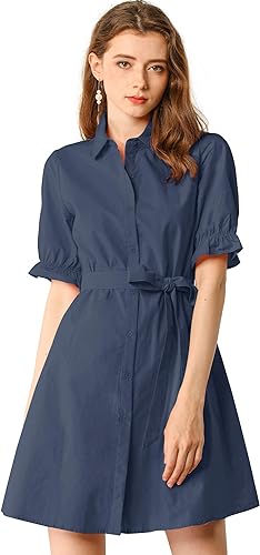 Allegra K Women's 2024 Summer Ruffled Short Sleeve Cotton Solid Color Belted Button Down Shirt Dress