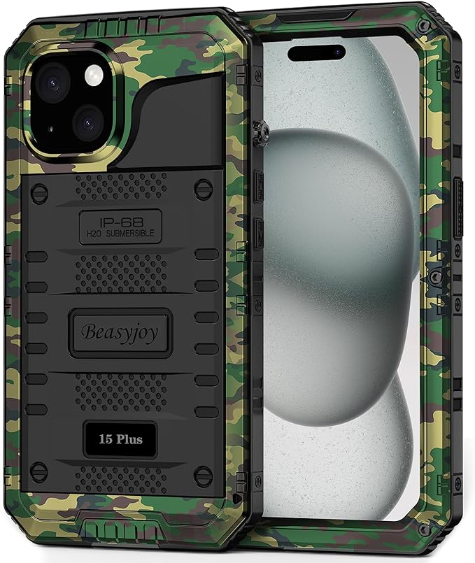 Beasyjoy for iPhone 15 Plus Case Waterproof, Metal Heavy Duty Full Body Protective Case with Built-in Screen Protector, Military Grade Shockproof Dustproof Defender Case for iPhone 15 Plus 6.7", Camo