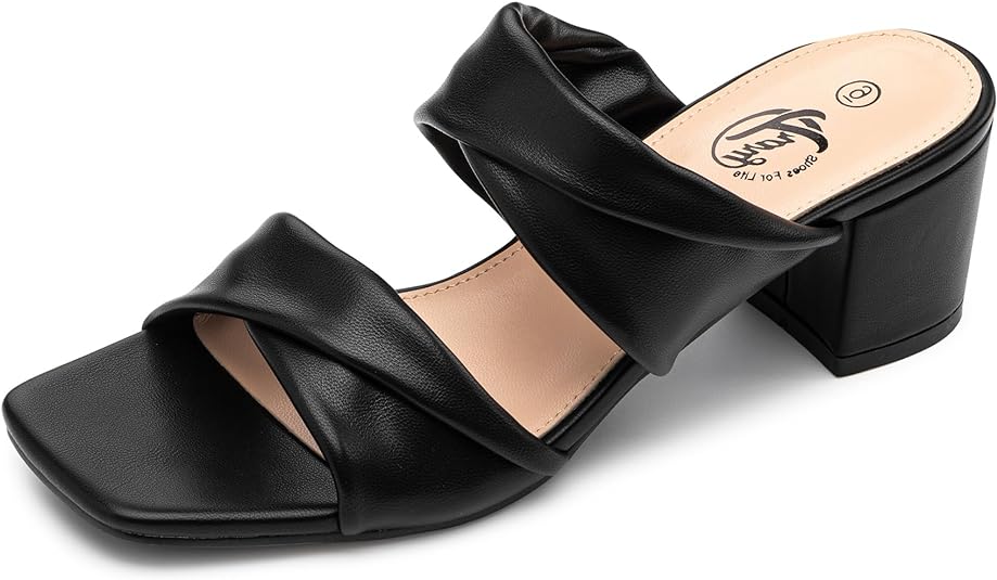 Trary Women's Sandals, Square Toe Heels Sandals, 2inch Black White Nude Chunky Block Heels Sandals