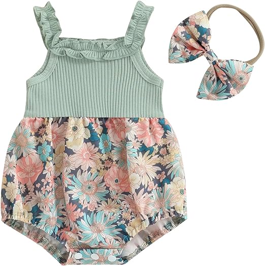 Fernvia Newborn Baby Girl Summer Clothes 3 6 12 18 Months Knit Floral Sleeveless Strap Romper Bodysuit Jumpsuit