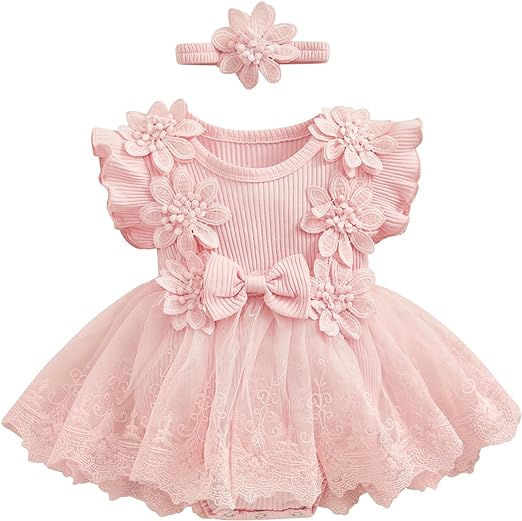 Visit the ZAXARRA Store ZAXARRA Infant Baby Girl Lace Romper Baby Tulle Dress Romper Flowers Bodysuit Spring Summer Festival Clothes with Headband