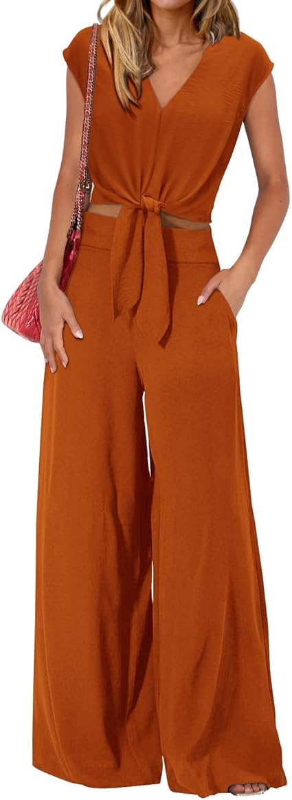dowerme Women's Summer 2 Piece Outfits Cap Sleeve Strappy Crop Top Wide Leg Pant Sets Casual Tracksuit Lounge Wear 2024