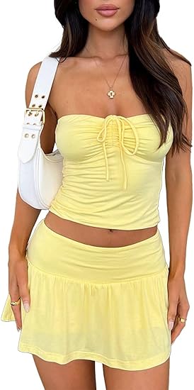 Volemo Sexy Mini Skirt Sets for Women Y2K Ruched Sleeveless Strapless Tube Top and A-line Skirt Party 2 Piece Set Outfit