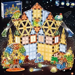 Magnetic Tiles 110 pieces-3D Lighted Magnet Building Blocks for Kids,Creative Dinosaur Toys Educational Sensory Stack STEM Construction Toys for Kids Ages 3 4 5 6 8+ Year Old Boys Girls Toddlers