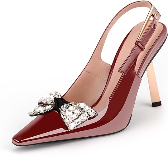 Women's Closed Toe Bow Rhinestone Slingback Sexy High Heel Buckle Strap Pumps Stiletto Heels Patent Leather Dress Shoes
